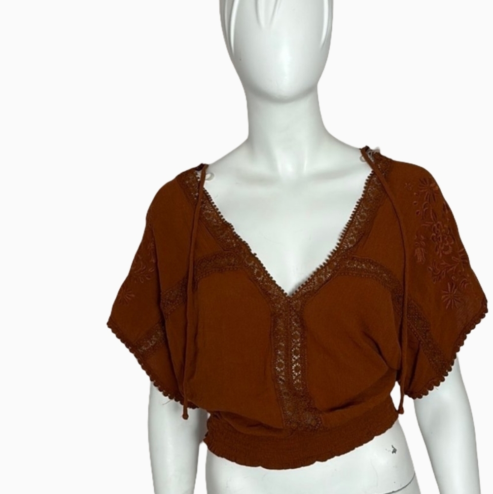 Women's‎ Brown Lace Trim Top